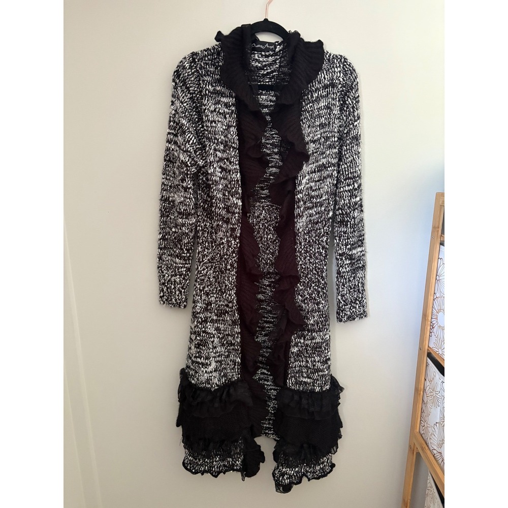 Pretty Angel Silk Wool Blend Ruffle Long Cardigan Black‎ White Marled Duster L